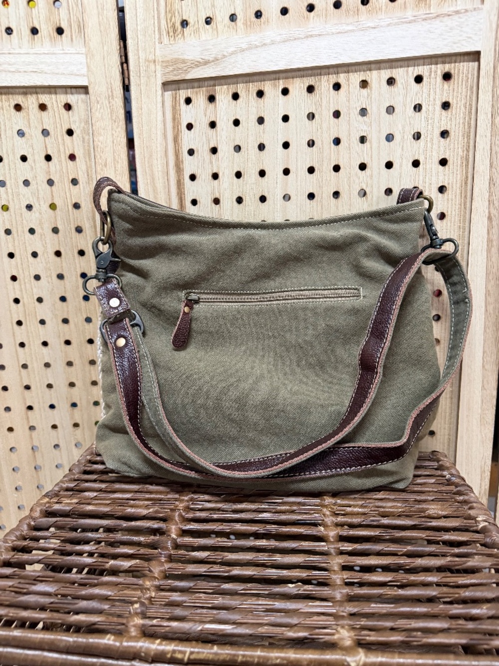 Myra Bag Woven Canvas & Leather Boho Slouch Crossbody Purse - Picture 8 of 12